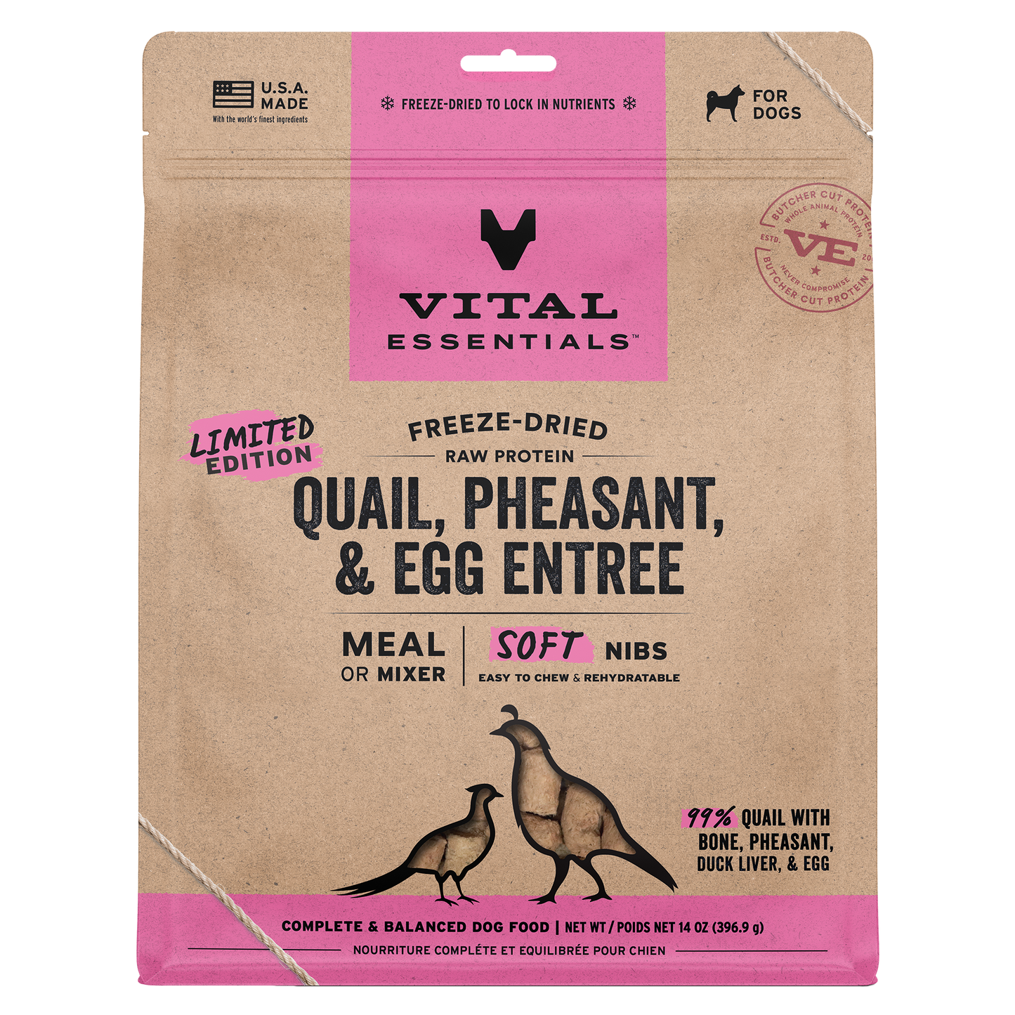 Vital Essentials® Freeze-Dried Raw Quail, Pheasant & Egg Entree & Mixer Dog Food Soft Nibs, 14 oz