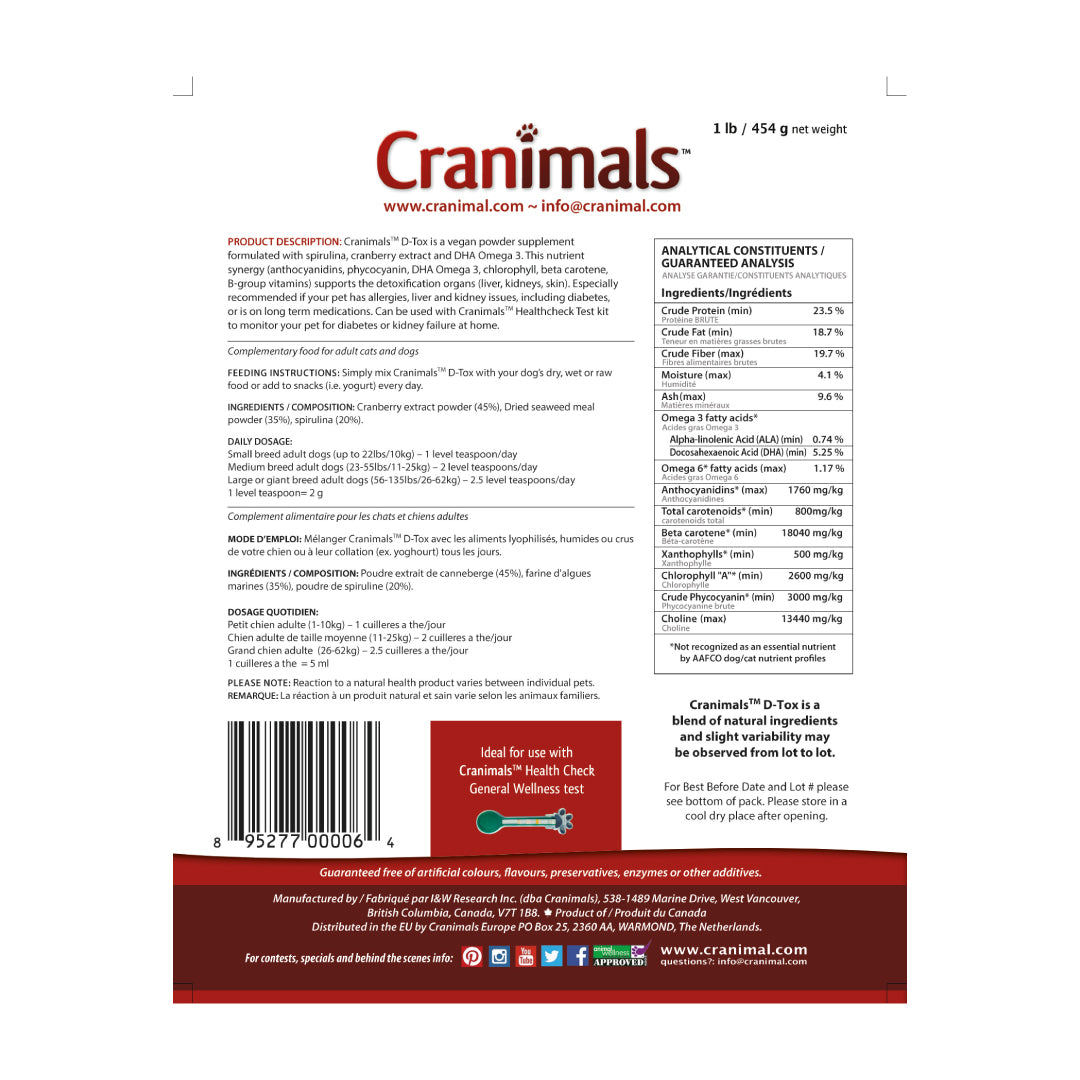 Cranimals D-Tox - Spirulina Multivitamin with Vegan DHA Omega-3 Pet Supplement 120g /4.2oz bag