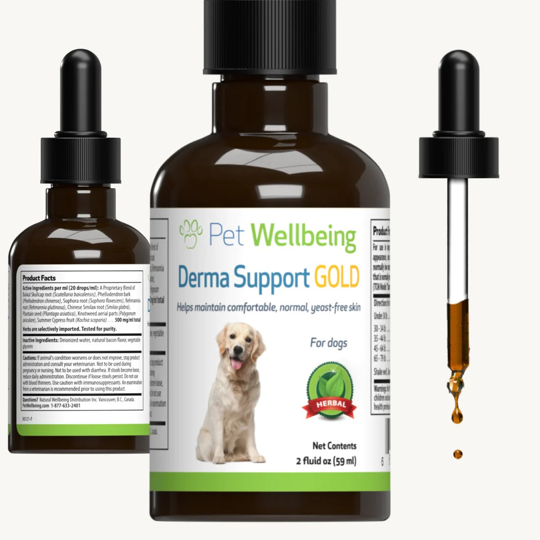 Pet Wellbeing - Derma Support Gold - for Canine Healthy Coat, Odor & Itching (2fl oz / 59ml)